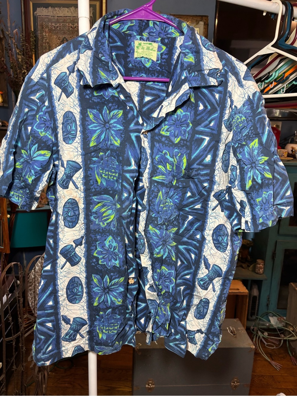 Men's Blue Floral Hawaiian Button-Down Shirt by Isle Traditions